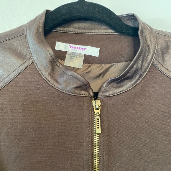 TanJay Womens Dark Chocolate Brown Faux Leather Panel Zip Front Jacket 16 Mature - Picture 2 of 14